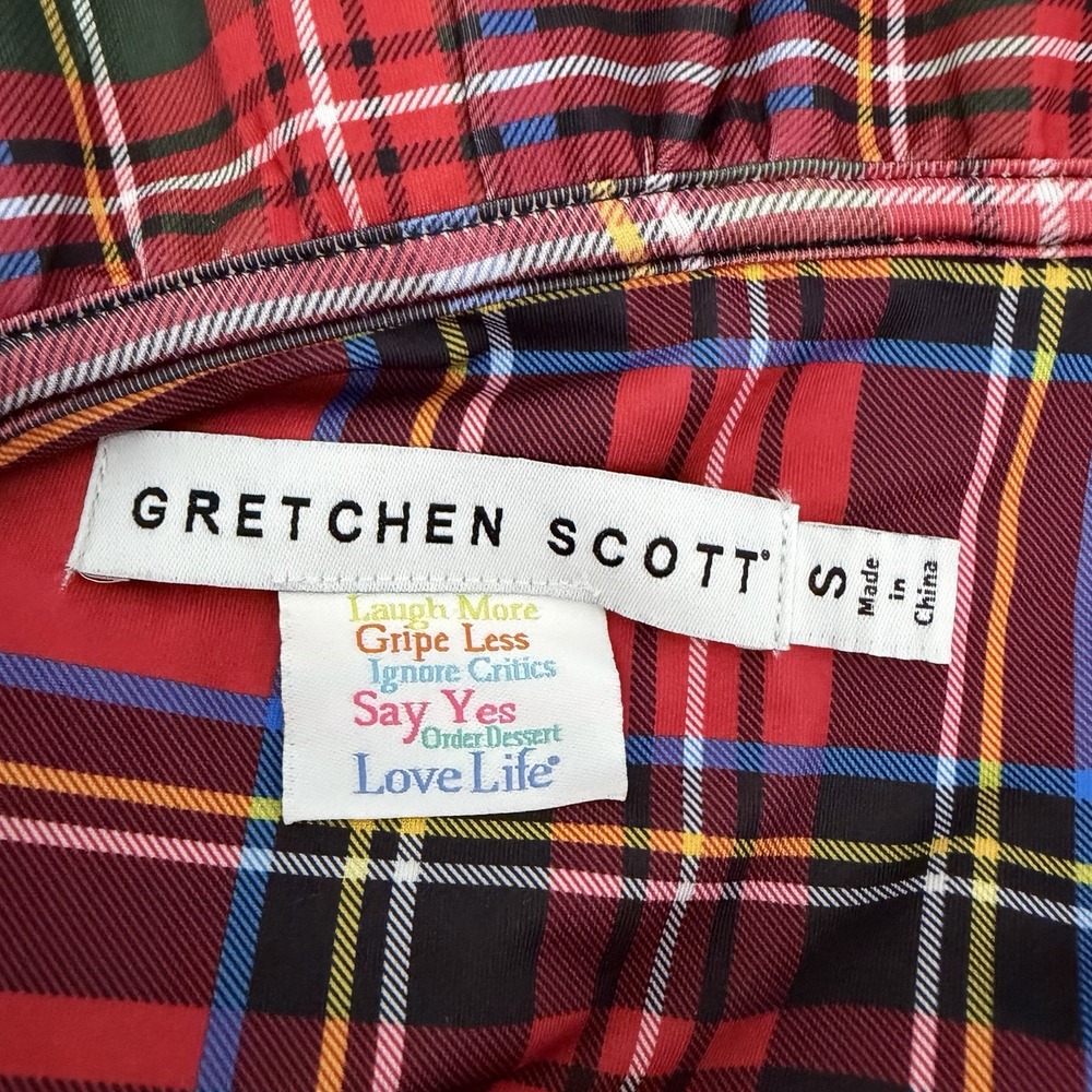 Gretchen Scott Tartan Plaid Stand Up Ruffle Neck Blouse Size S Red Holiday - Picture 5 of 6